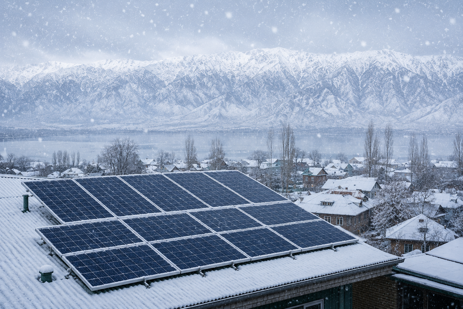 Rooftop solar installation in Kashmir with mountain backdrop