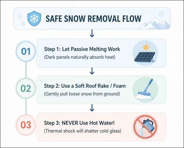 Steps to clean snow from solar panels safely.
